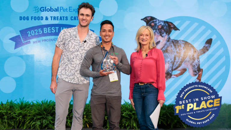 Image of Jeff receiving award for Farmland Traditions at Global Pet Expo 2025 for Best in Show for Dog food & treats category