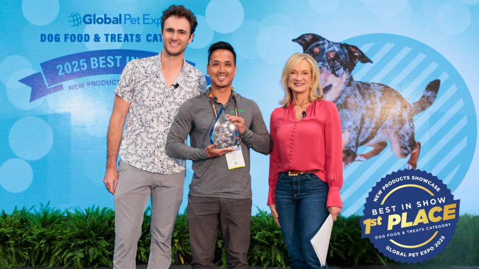 Image of Jeff receiving award for Farmland Traditions at Global Pet Expo 2025 for Best in Show for Dog food & treats category