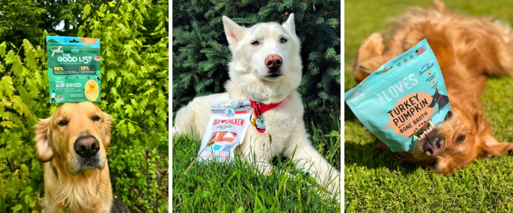 Image of three different dogs each carrying a different farmland traditions treats (the good list, dogs love jerky, and tiny loves with bone broth)