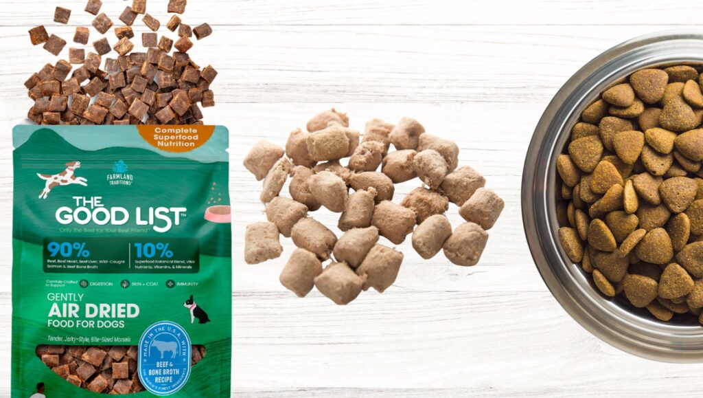 image of our air dried food the good list, image of freeze dried food and image of kibble
