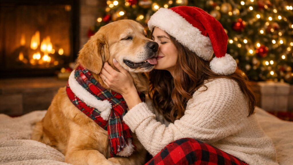 dog and their owner on Christmas