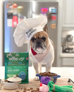 image of dog dressed uo as chef with the good list package and the food outside on bowl