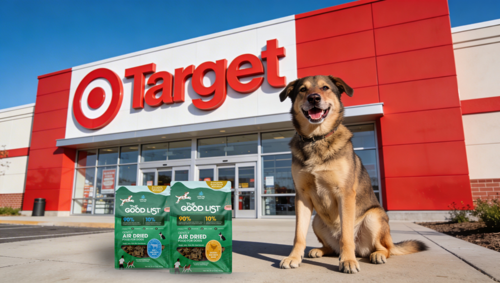 image of dog standing outside of target with two bags of the good list next to him
